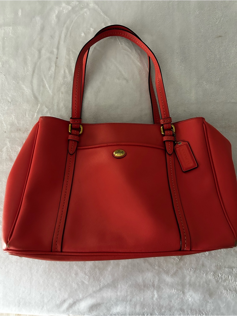 COACH Peyton Leather Jordan Double Zip Carryall Tote Bag Coral Red F25669
